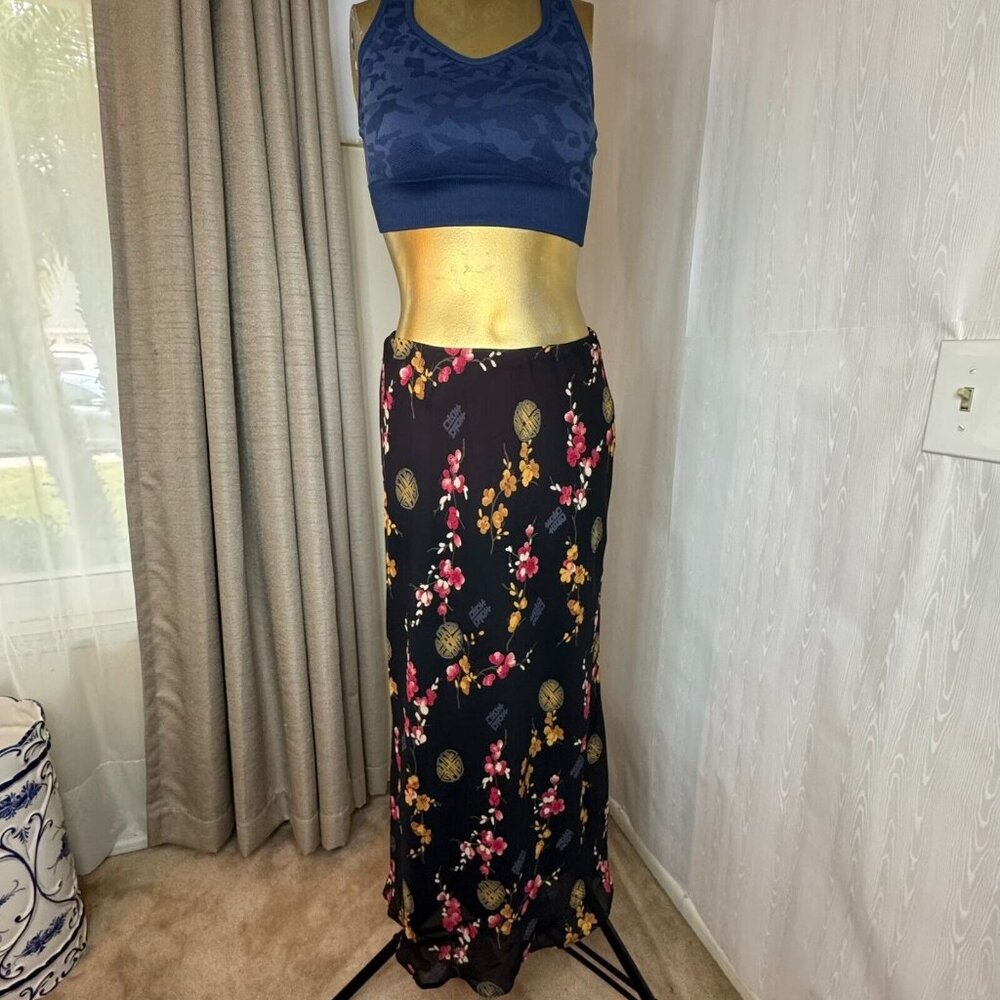 Floral Women's Maxi Lined Skirt Small Oriental Elastic Waist Lined Black Red Ylw - Picture 2 of 7